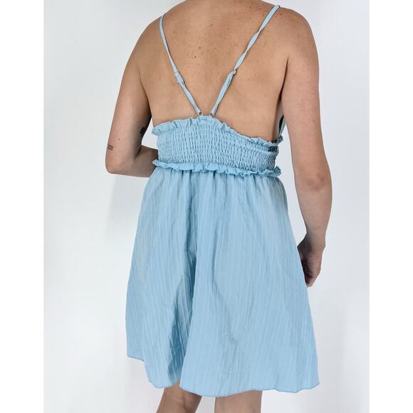 Women’s Light Blue Frill Trim Shirred Smocked Cami Dress Size Small - Picture 2 of 3